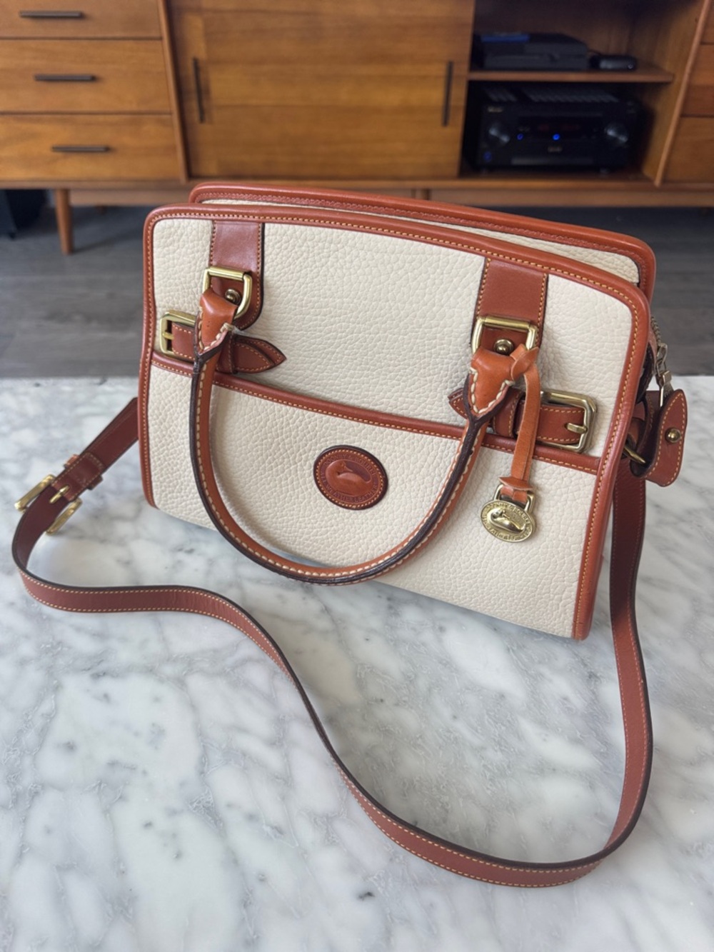 🌼DOONEY & BOURKE🌼 Vintage Ivory Leather Satchel with Brown Trim plus duster bag